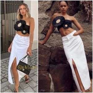 Zara White Denim Midi Skirt High Front Slit High Waisted Women's Size XS